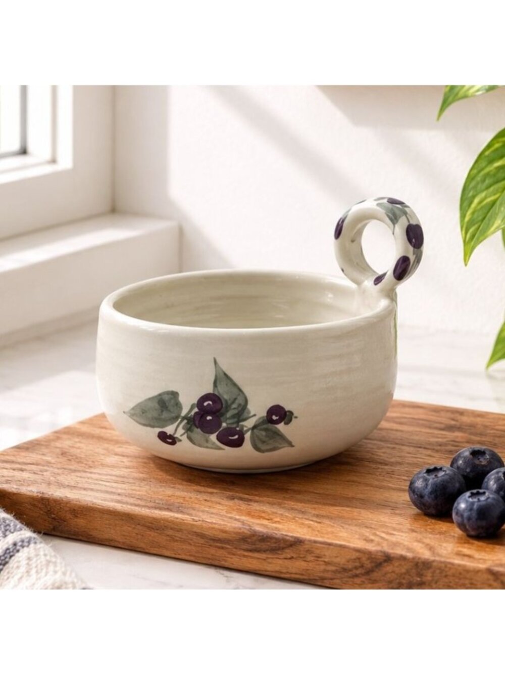 Handmade Ceramic Soup Mug With Handle - Blueberry Motif - 3.5" Diameter - Vintag
